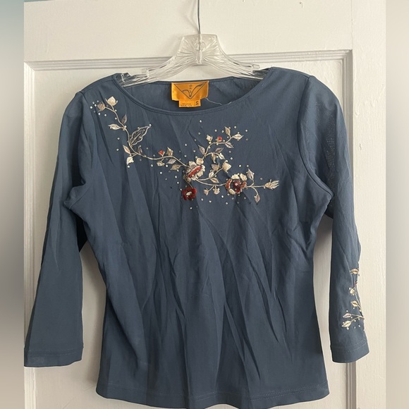 anè Tops - Anè Boutique Embroidered Floral Sequin Top | Size Small | Artisan 3/4 Sleeve